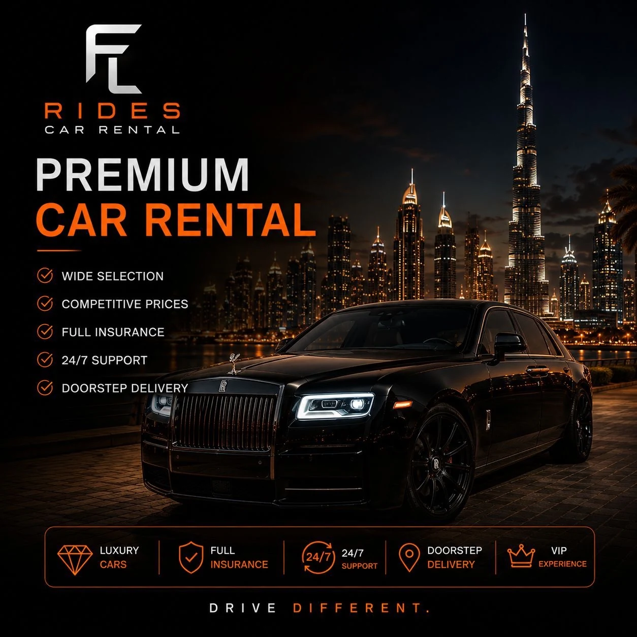 FL Rides Dubai luxury car rental visual